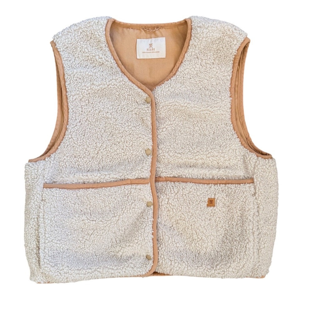 Roark Reversible Sherpa Fleece Quilted Plaid Vest Cream Tan Small